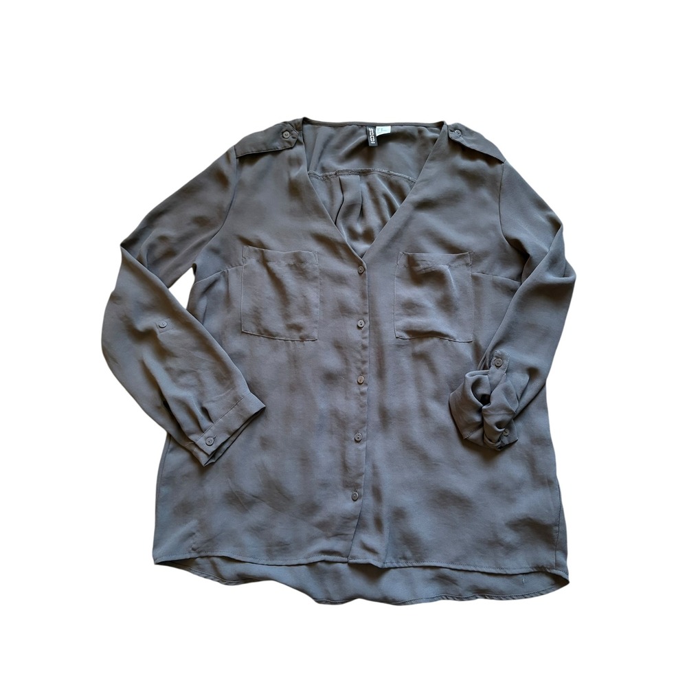 H&M Divided Gray Button Front Blouse Size 10 Roll Tab Sleeve Utility Shirt